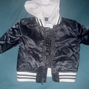 Old Navy Black Satin Bomber Jacket with White Hood